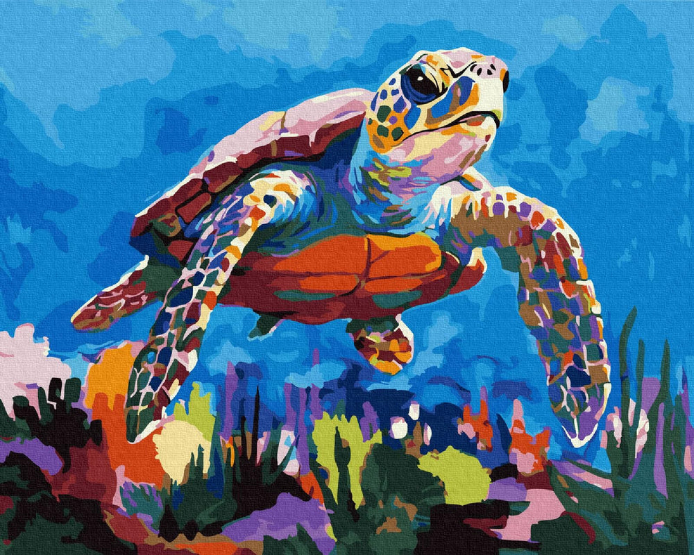 KOMI sea turtle paint by numbers canvas 16x20 ready for display.