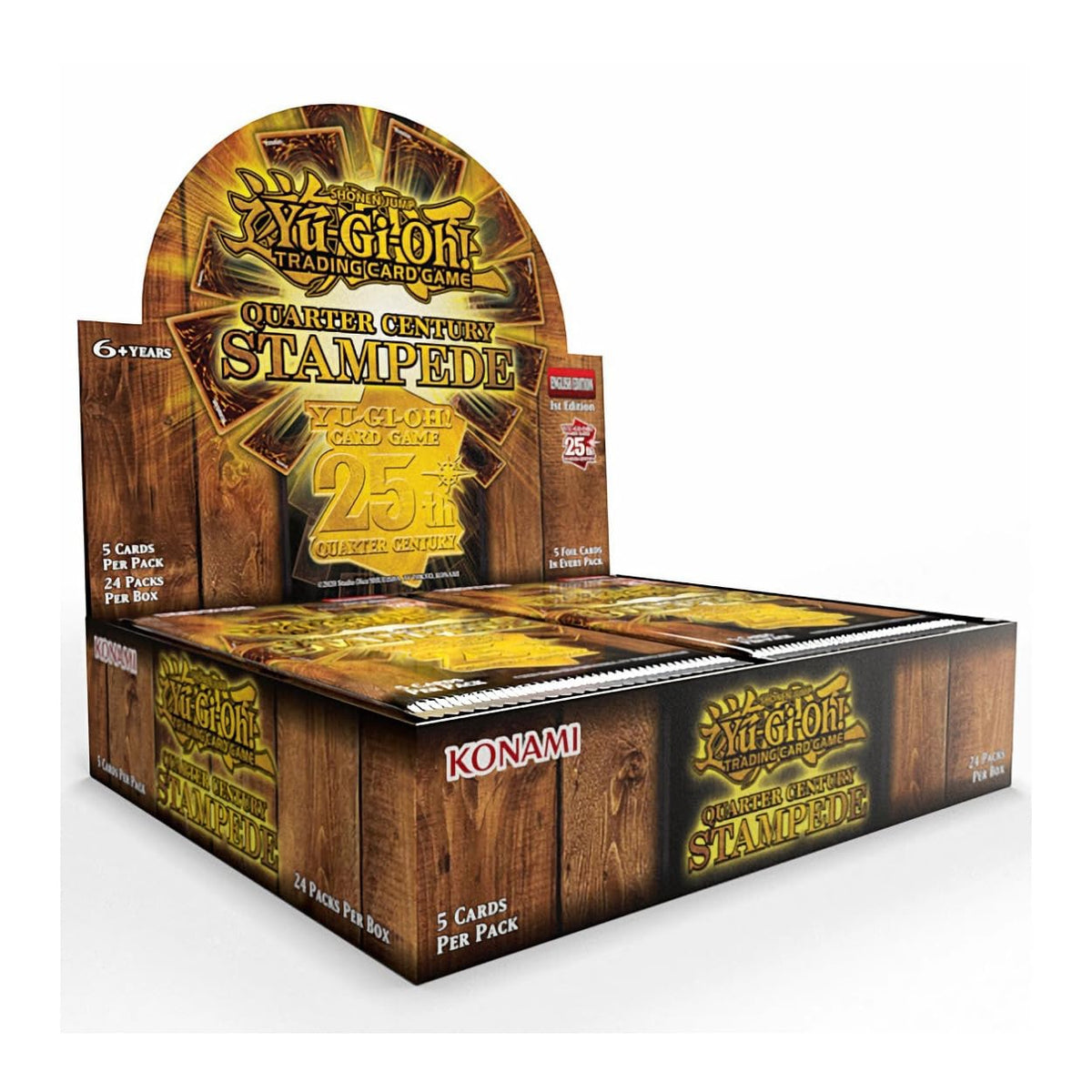 Konami Yu-Gi-Oh! Quarter Century Stampede booster box front view highlighting nostalgia reprints and Luxury Secret Rares