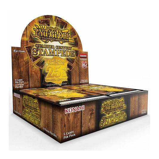Konami Yu-Gi-Oh! Quarter Century Stampede booster box front view highlighting nostalgia reprints and Luxury Secret Rares