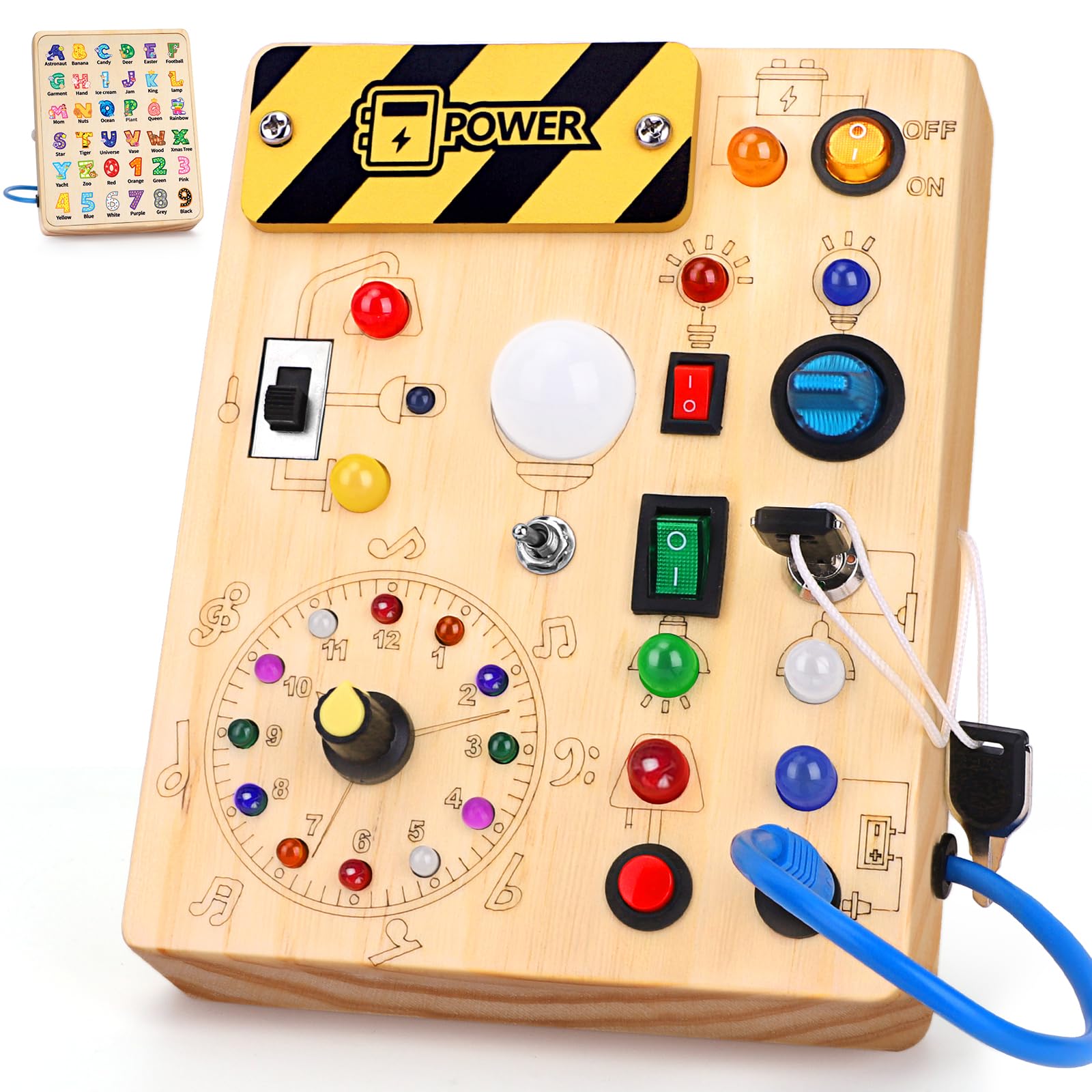 Konijiwa Busy Board switches and LEDs stimulate fine motor skills during hands-on play