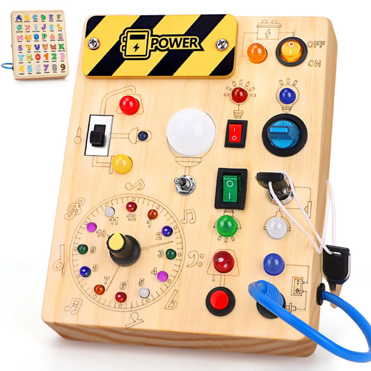 Konijiwa Busy Board switches and LEDs stimulate fine motor skills during hands-on play