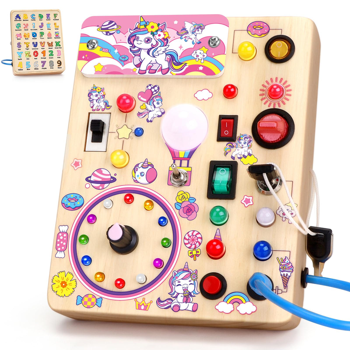 Konijiwa Unicorn Busy Board v2 front view highlighting switches for fine motor practice and sensory play