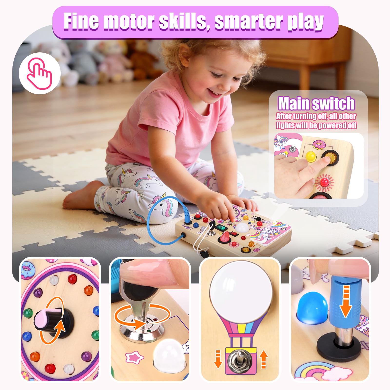 Konijiwa Unicorn Busy Board v2 shows 10 switches and 23 LEDs for tactile exploration