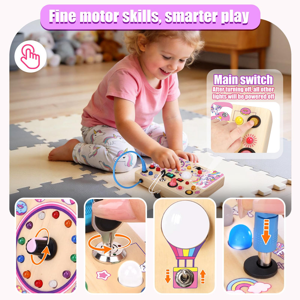 Konijiwa Unicorn Busy Board v2 shows 10 switches and 23 LEDs for tactile exploration