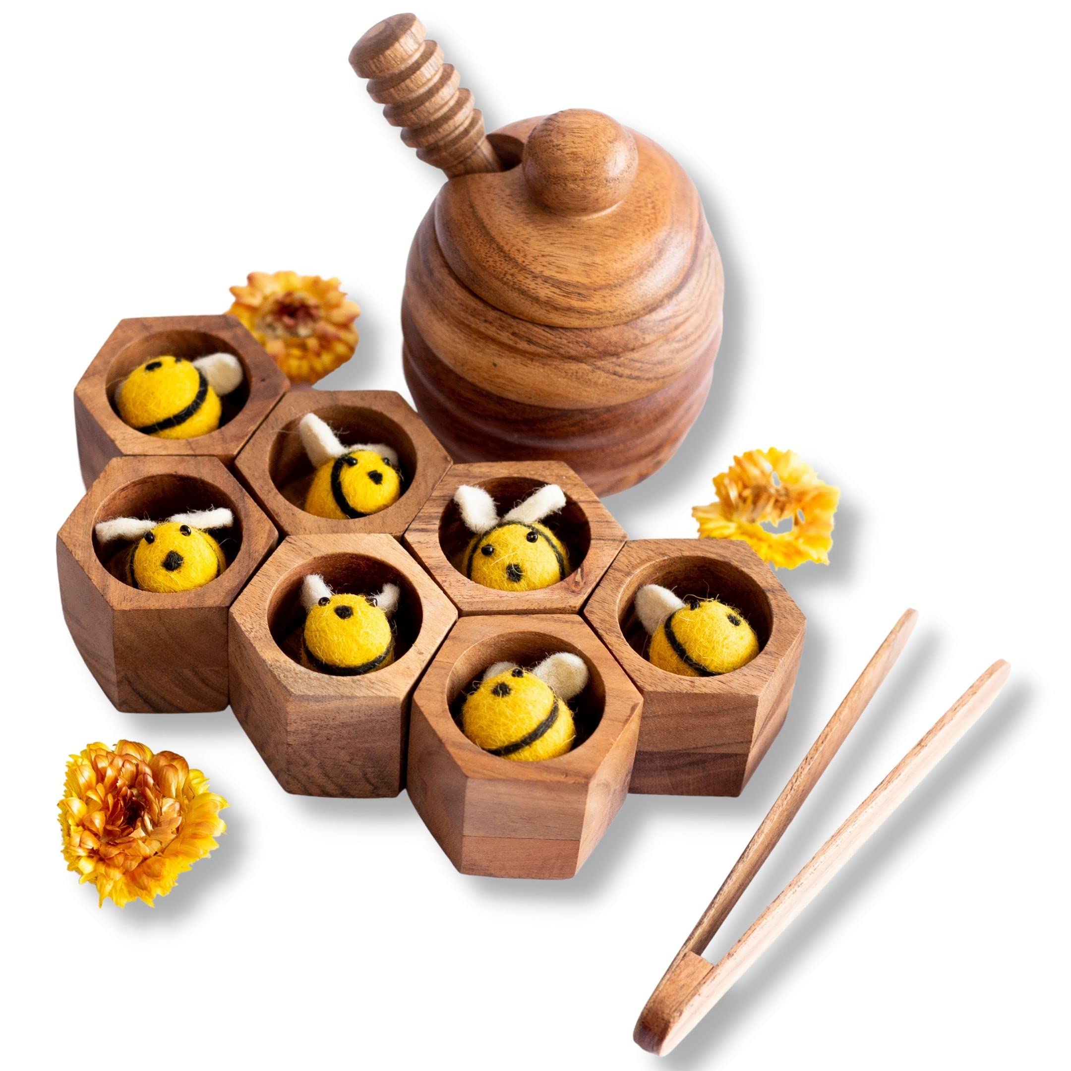 KOOKAROO wooden bee hive with lid encourages imaginative sorting play and fine motor skills.