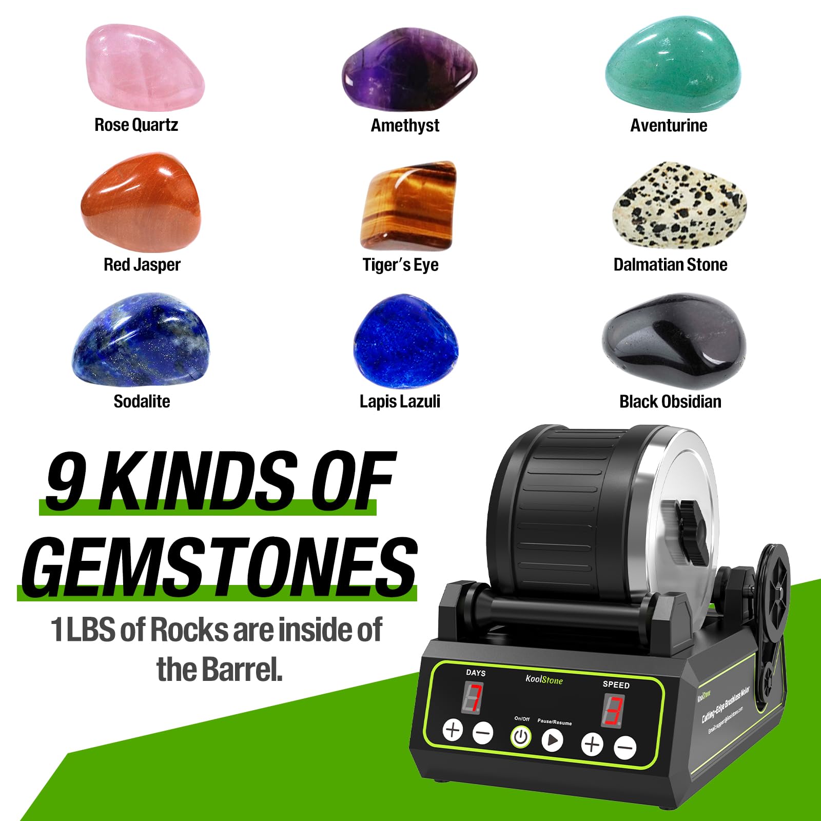 KoolStone C1 Pro three-speed controls enable customizable tumbling results.