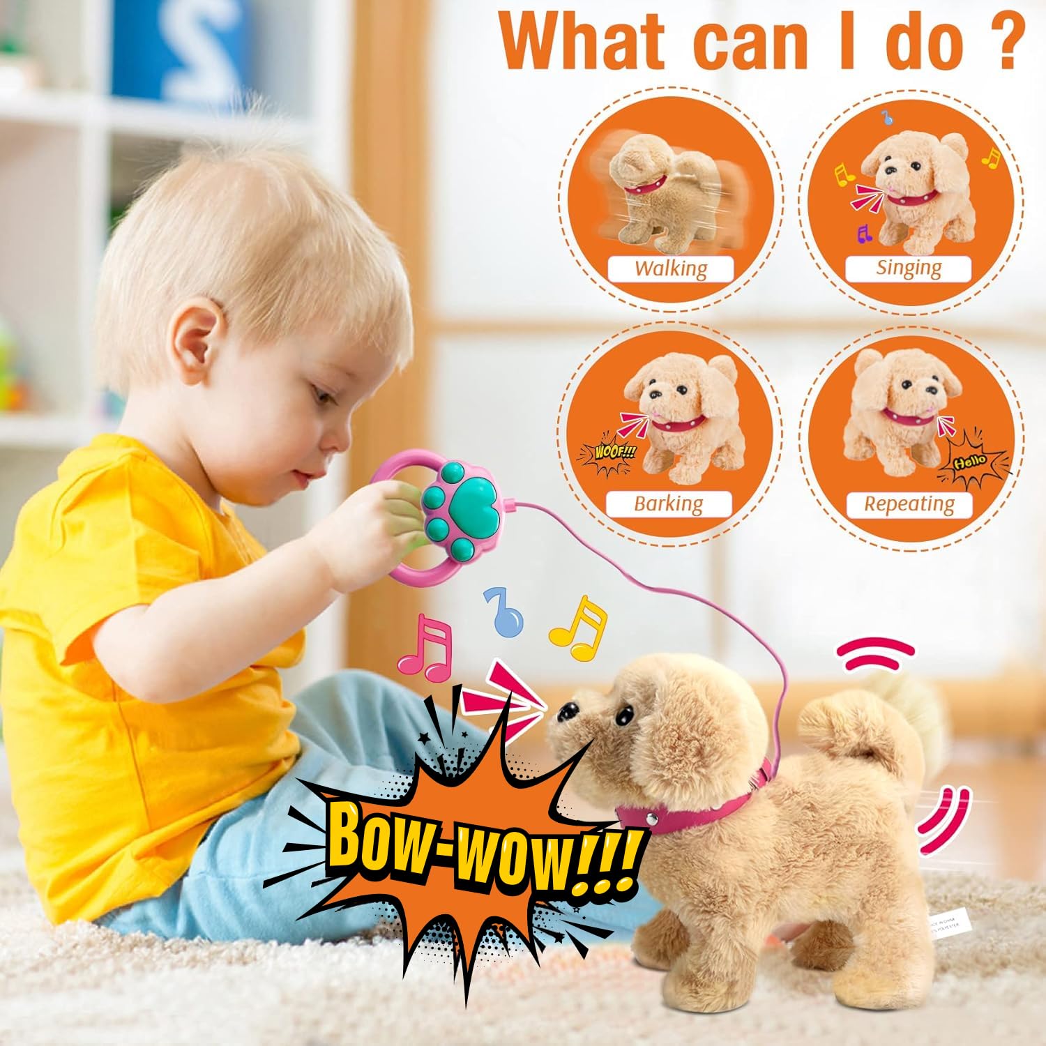 Koonie talking plush golden retriever walks with a remote for dynamic play.