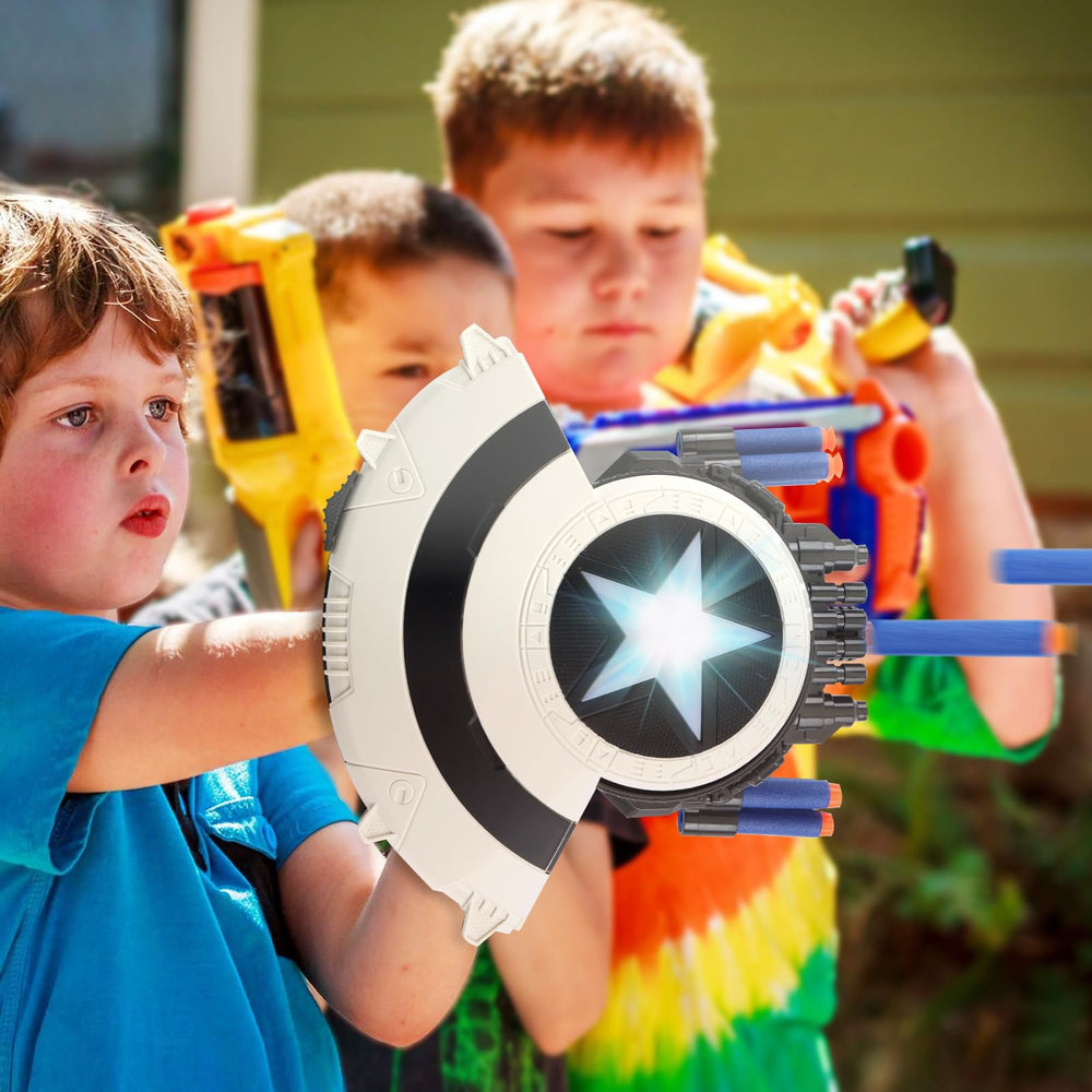 Dart-blaster in action with safe foam darts for indoor play.