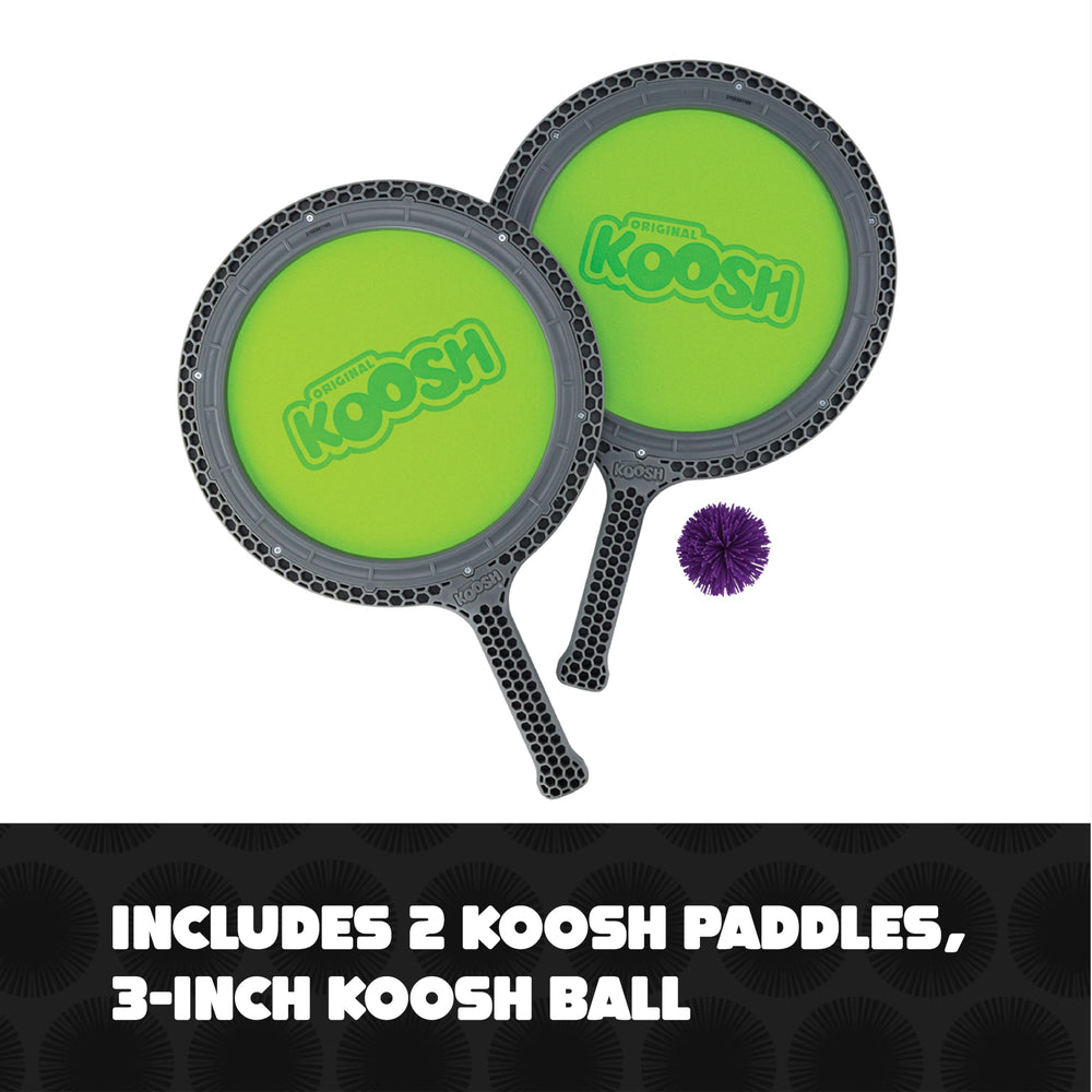 Two paddles with Koosh ball ready for quick play on the go