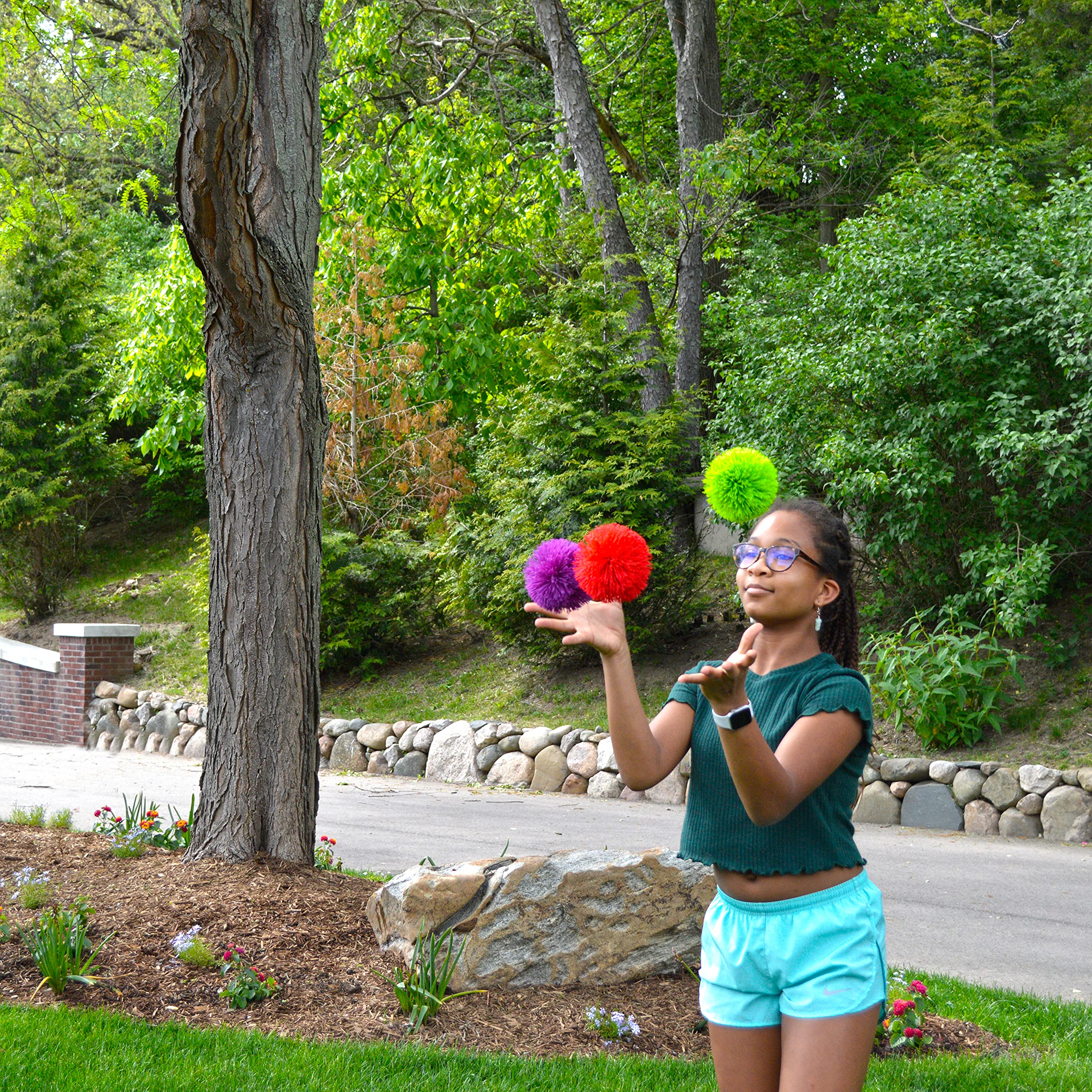Koosh Mondo Ball color spotting enhances visibility and play