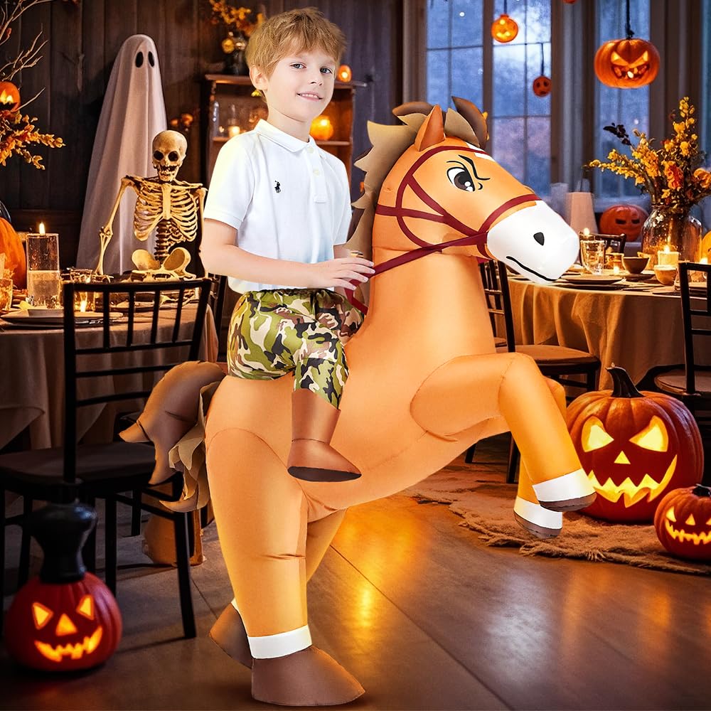 KOOY inflatable horse costume assembly, easy setup with built-in fan for quick inflation.