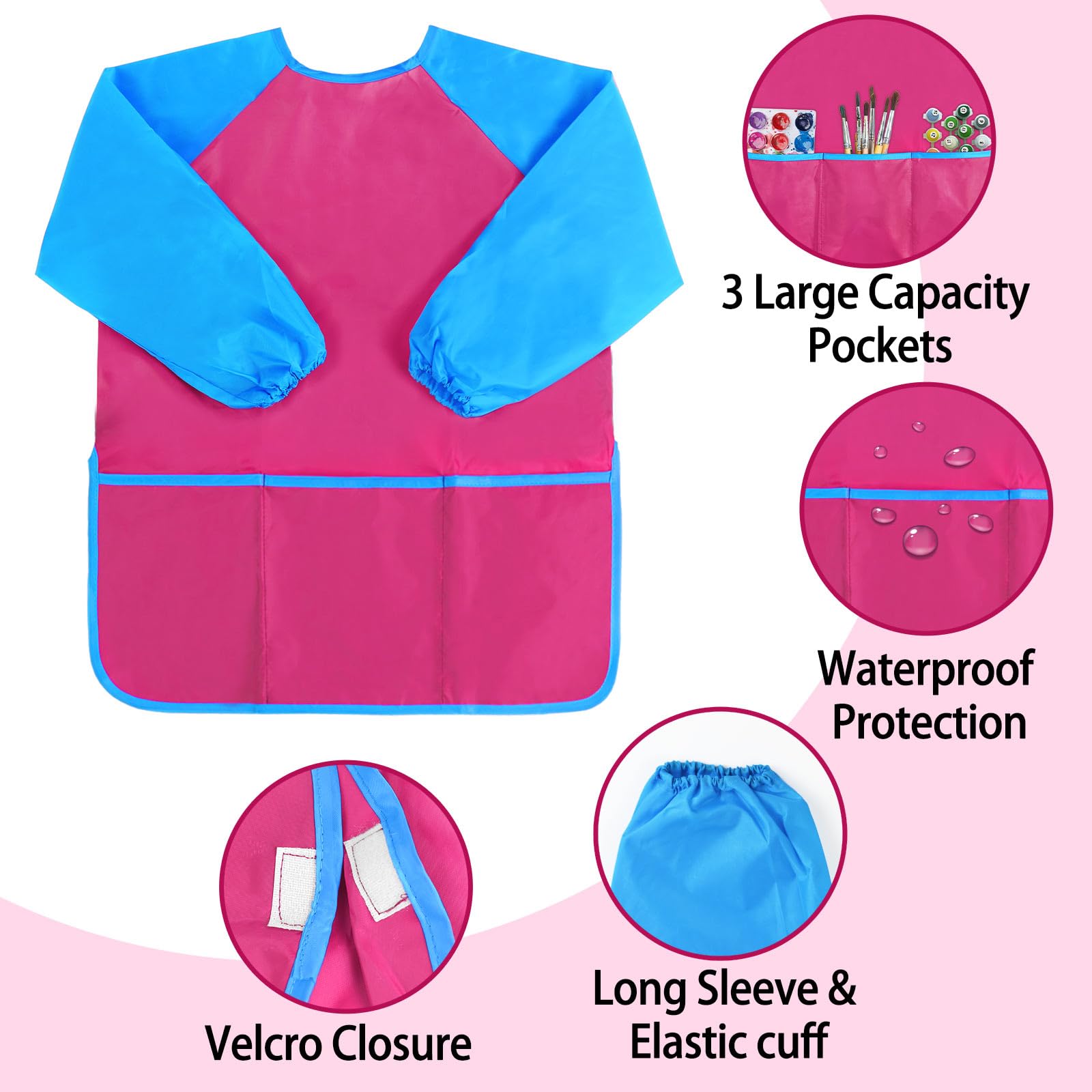 Kopokita hot pink kids art smock three pockets keep markers handy