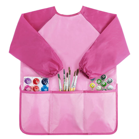 Kopokita Kids Art Smock pink front view shows full-coverage long sleeves for mess-free painting.