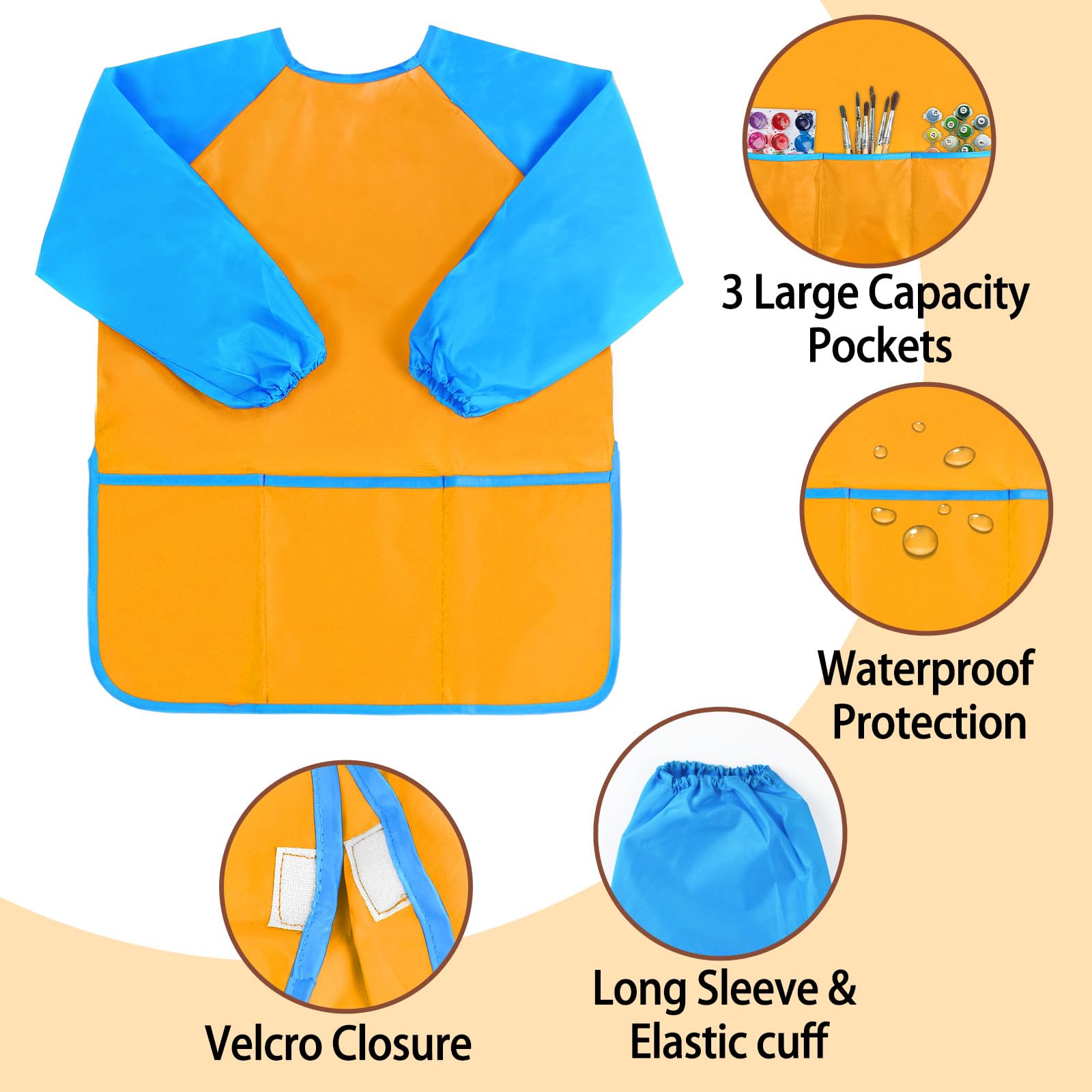 Kopokita Kids Art Smock pocket close-up showing three front pockets for supplies