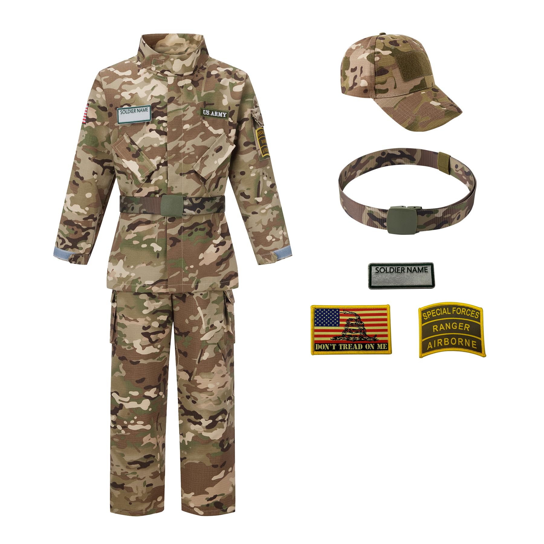 Kosgraiy army costume jacket in camo, durable playwear for active kids.