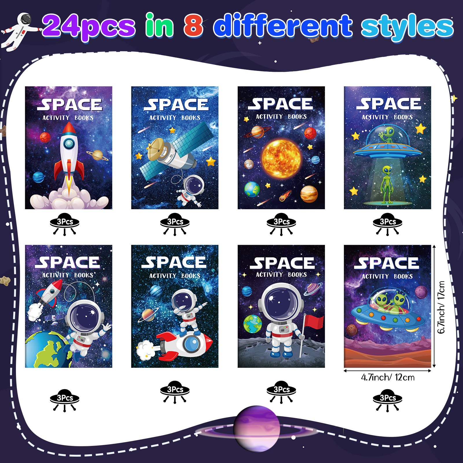 Kosiz outer space activity book inside pages show astronauts and planets for imaginative play.