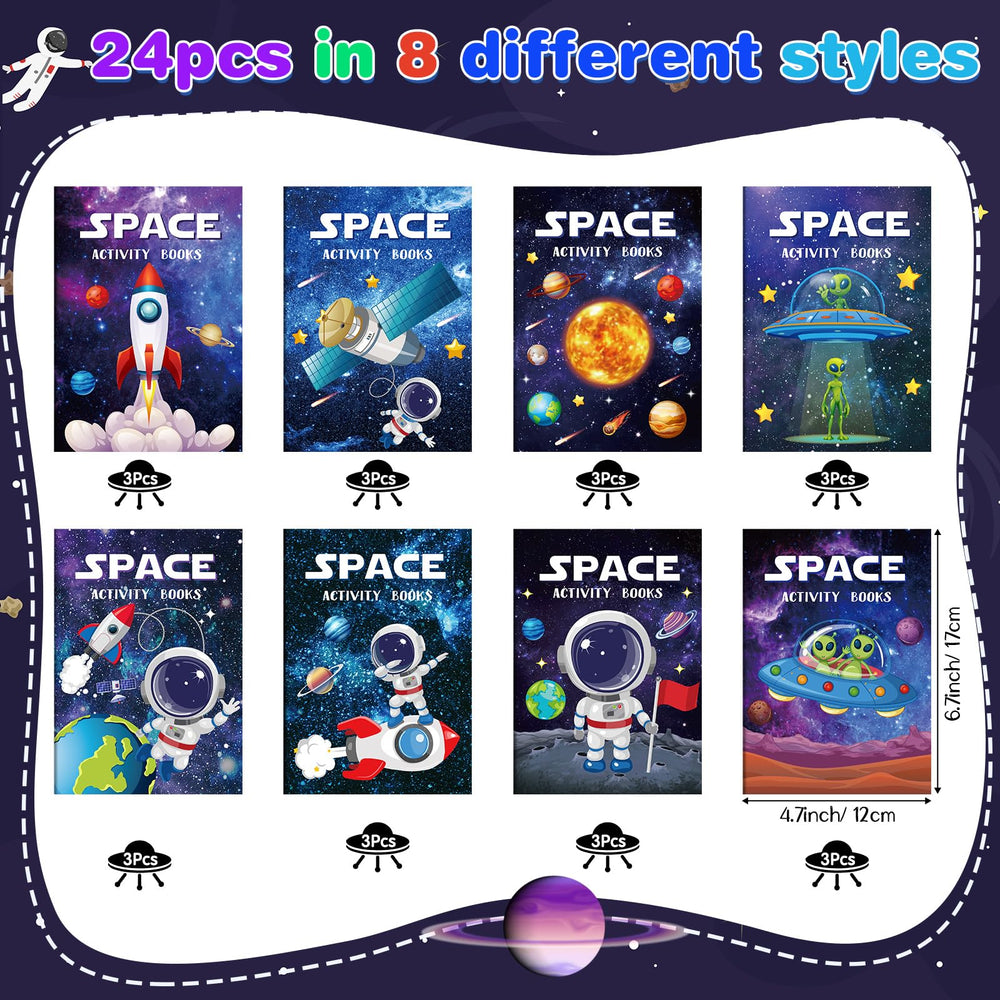 Kosiz outer space activity book inside pages show astronauts and planets for imaginative play.