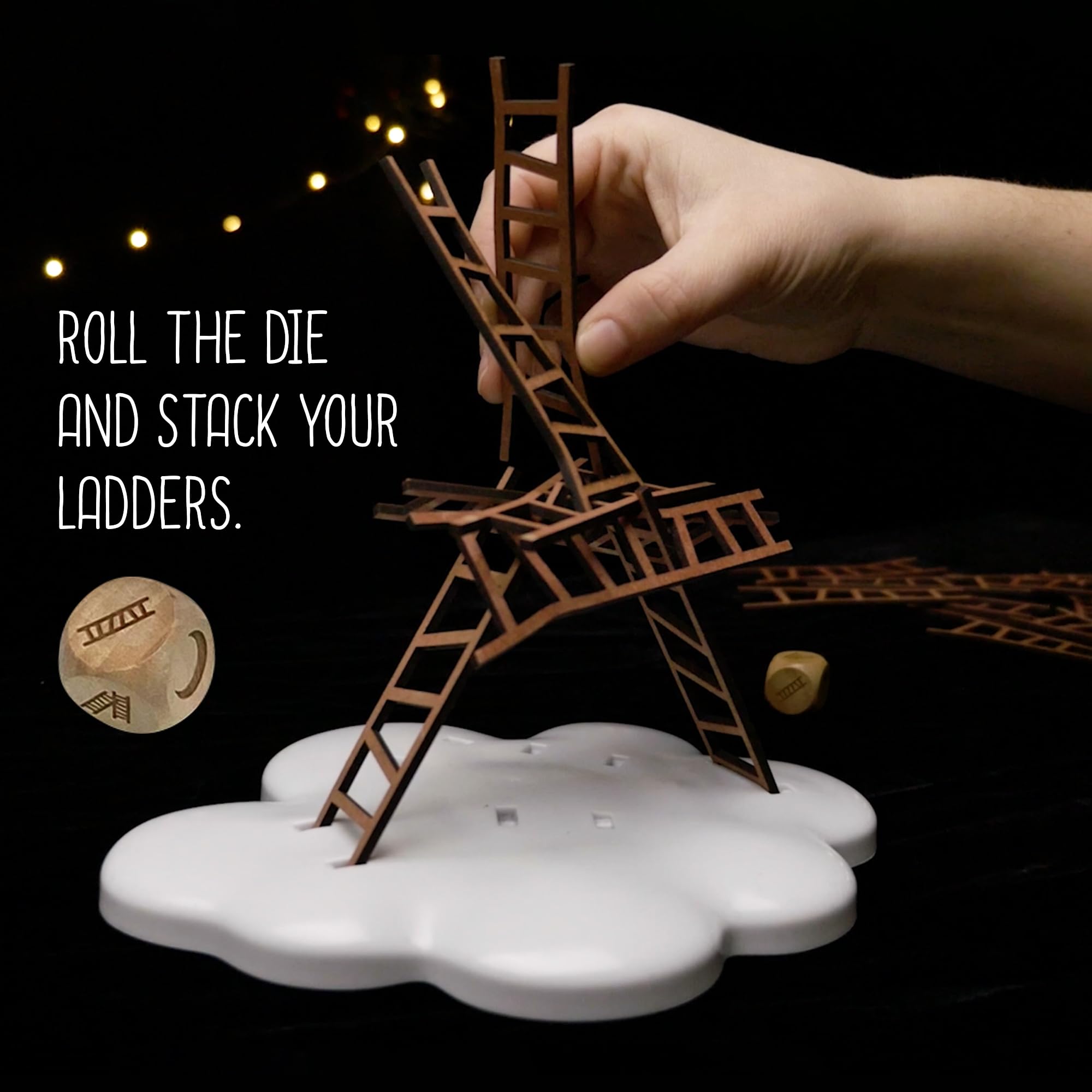 Kosmos Catch The Moon wooden ladders stacked into a whimsical tower