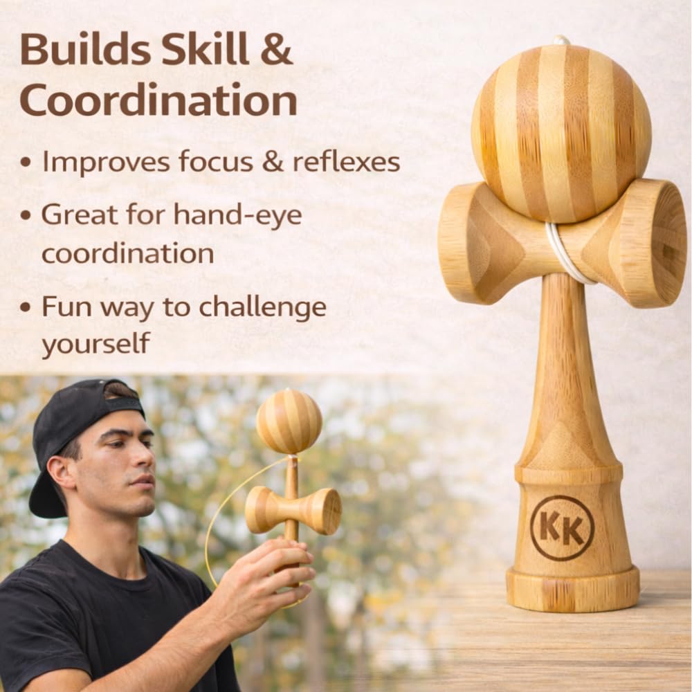 Kotaro Pro Bamboo Kendama ball tama shot highlights pre-strung setup.