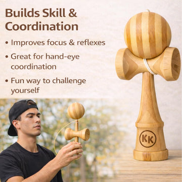 Kotaro Pro Bamboo Kendama ball tama shot highlights pre-strung setup.