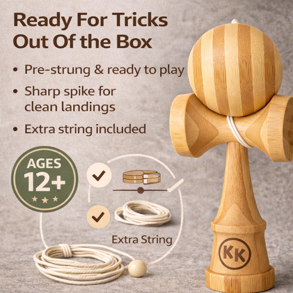 Kotaro Pro Bamboo Kendama spike landing view showcases precision performance.