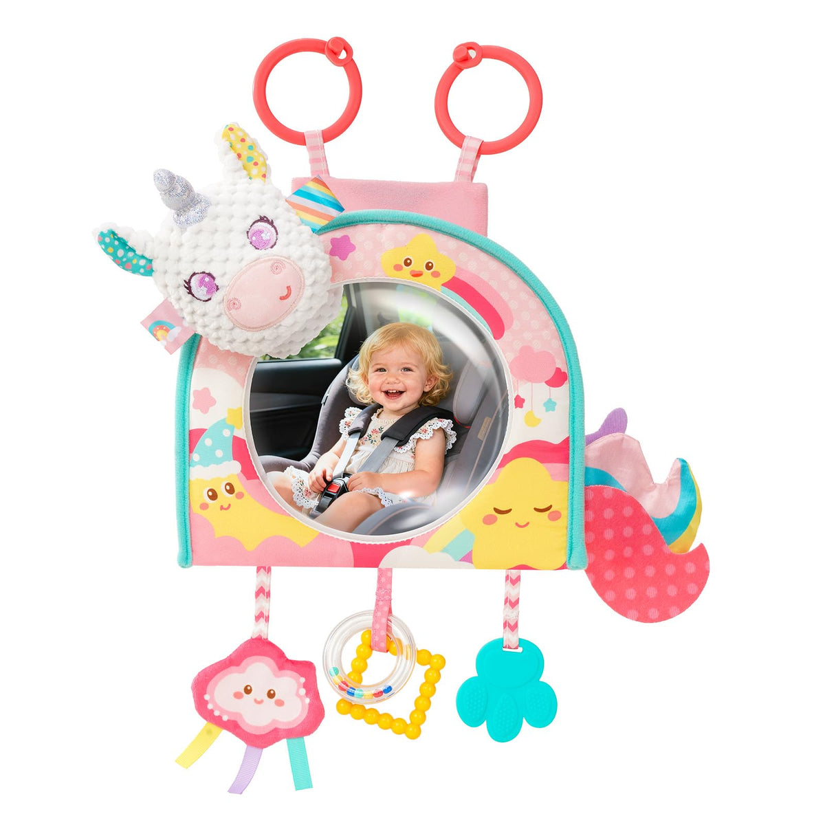 Koty car seat toy with mirror entertains babies on the go