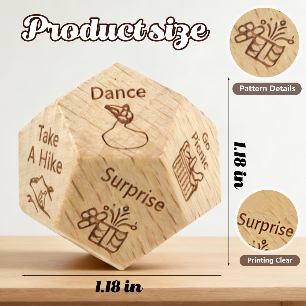 kowgical date night dice wooden closeup shows craftsmanship for playful evenings.