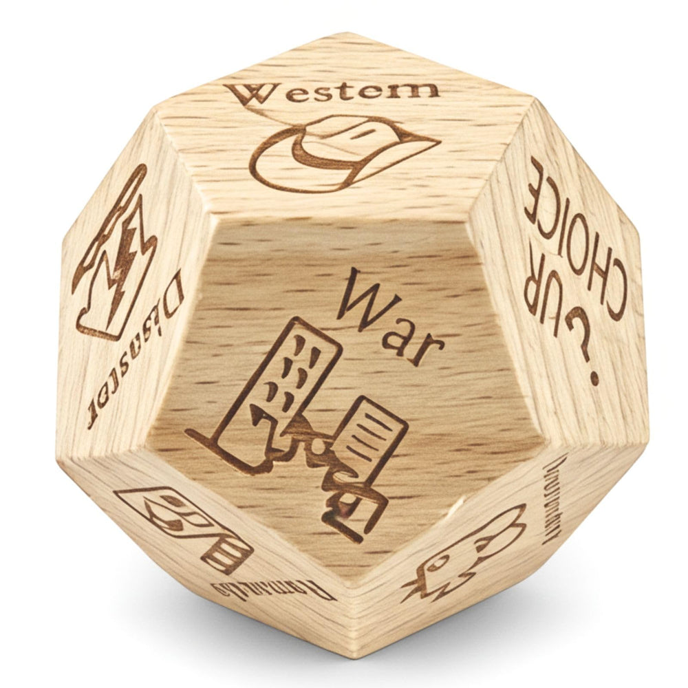 kowgical wooden date night dice in a cozy setup for easy movie choices