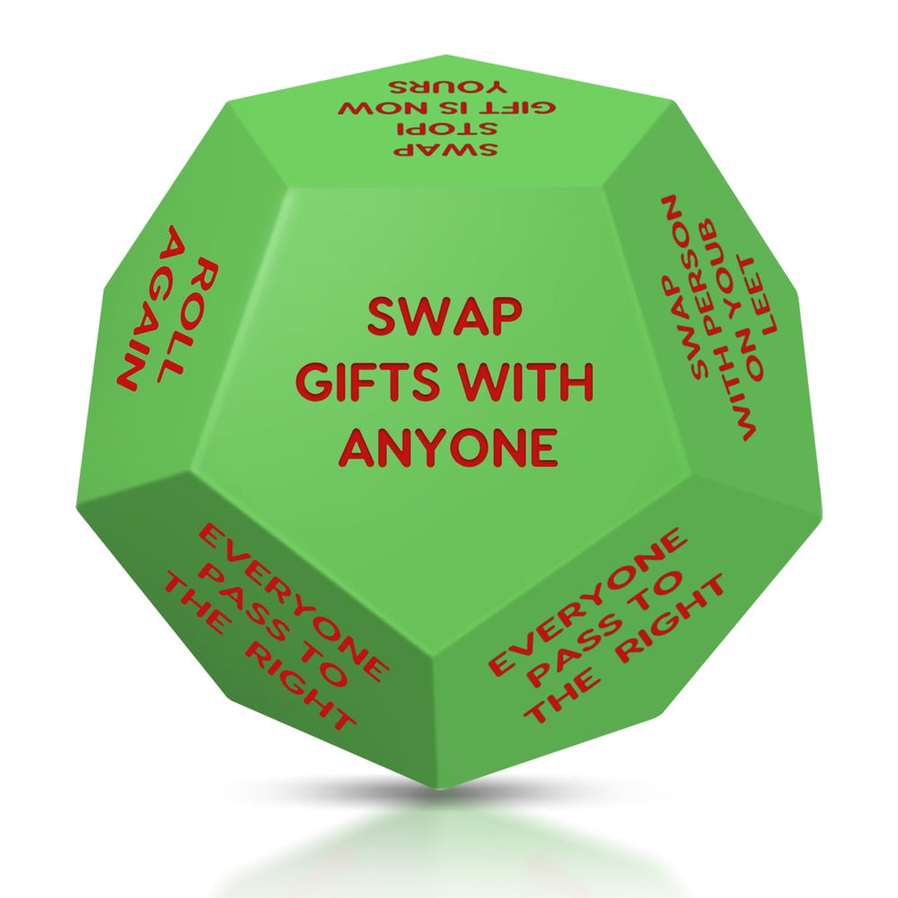 kowgical Santa Swap Dice closeup showing festive twists for group play