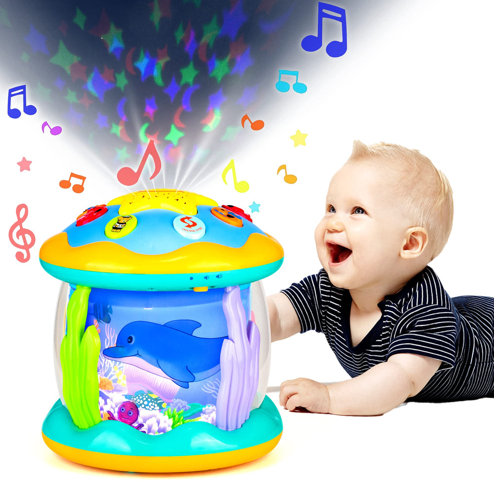 Koyiwa tummy time projector toy with soft lights supports visual tracking.