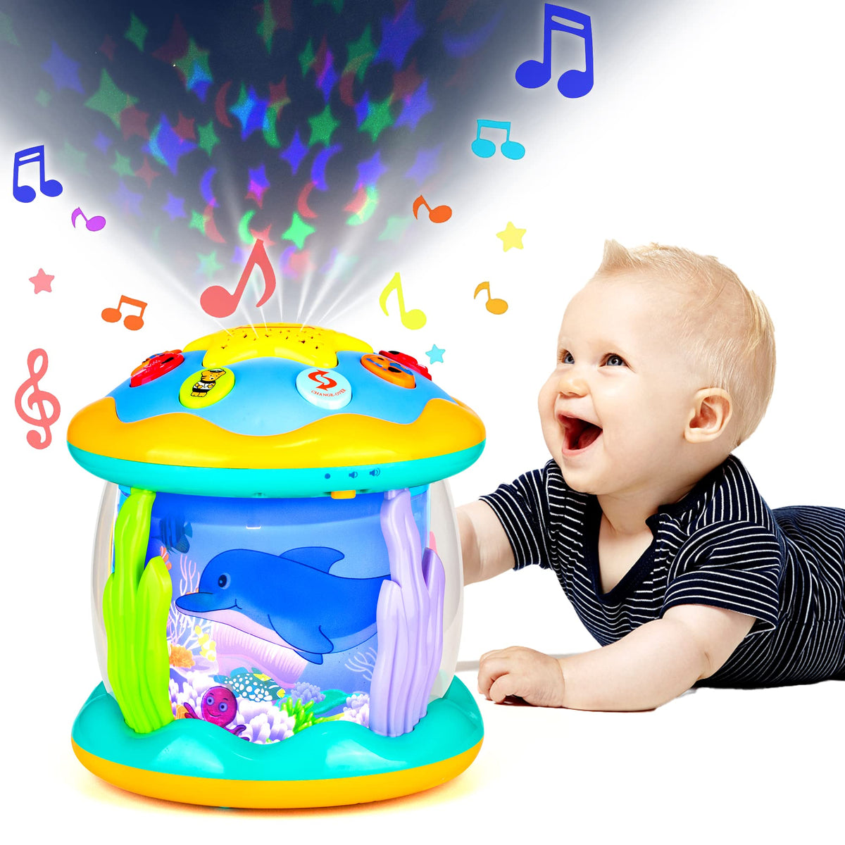 Koyiwa tummy time projector toy with soft lights supports visual tracking.