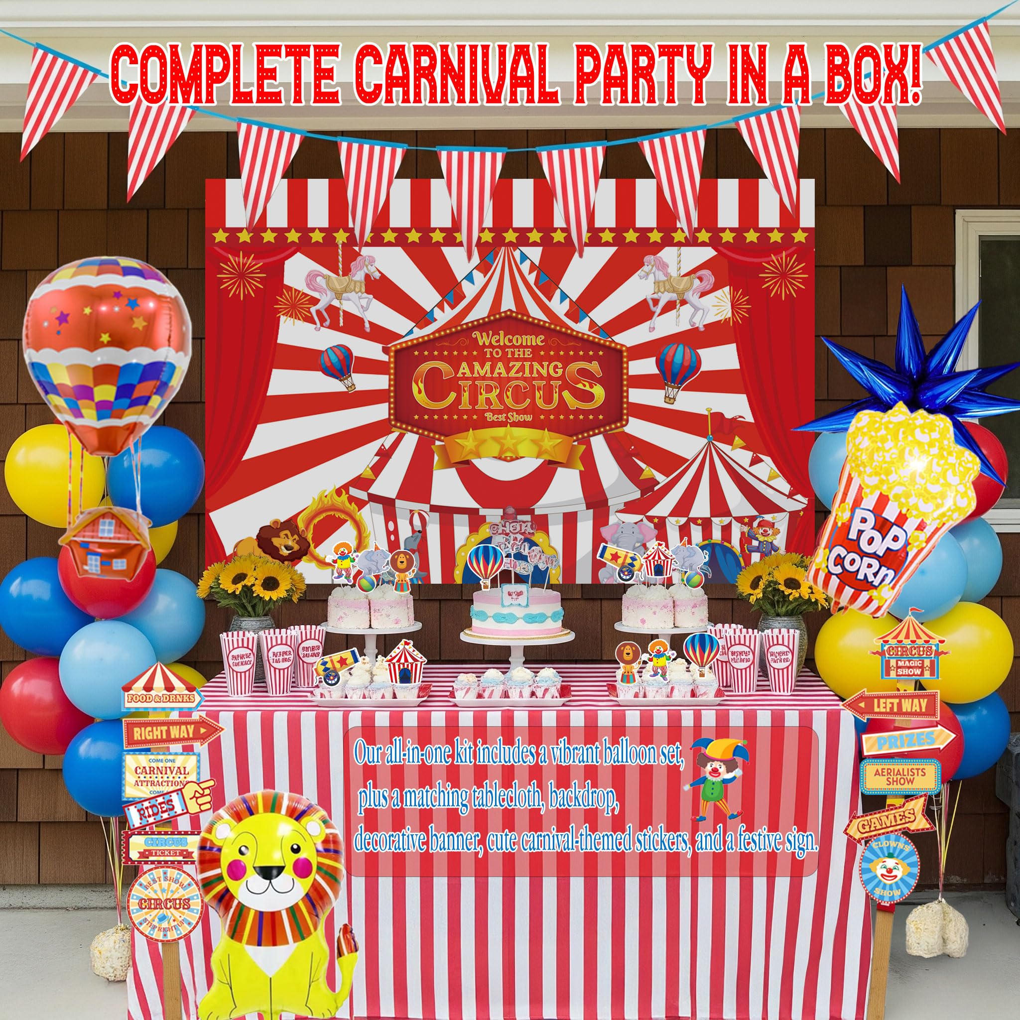 Kozee foil hot air balloons serve as eye-catching focal points.