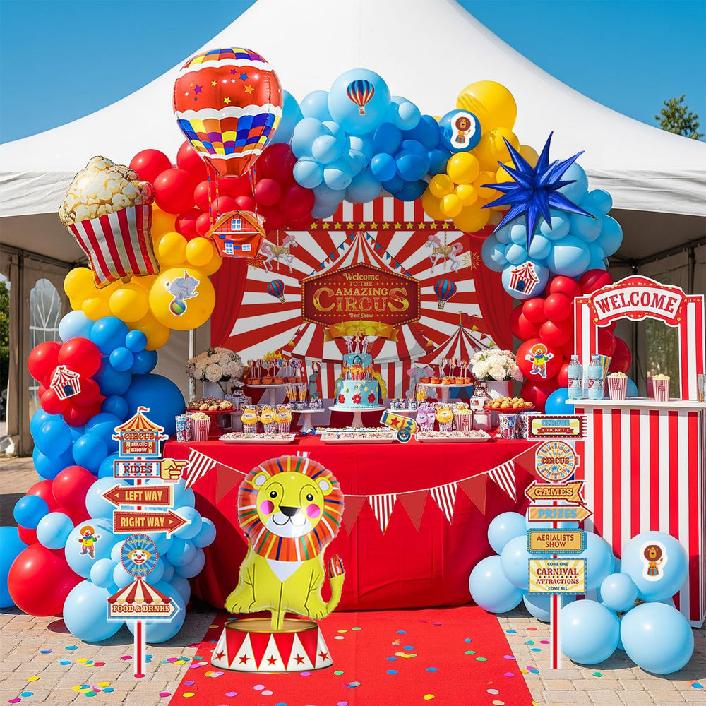 Kozee striped banner adds classic carnival charm to any party setup.