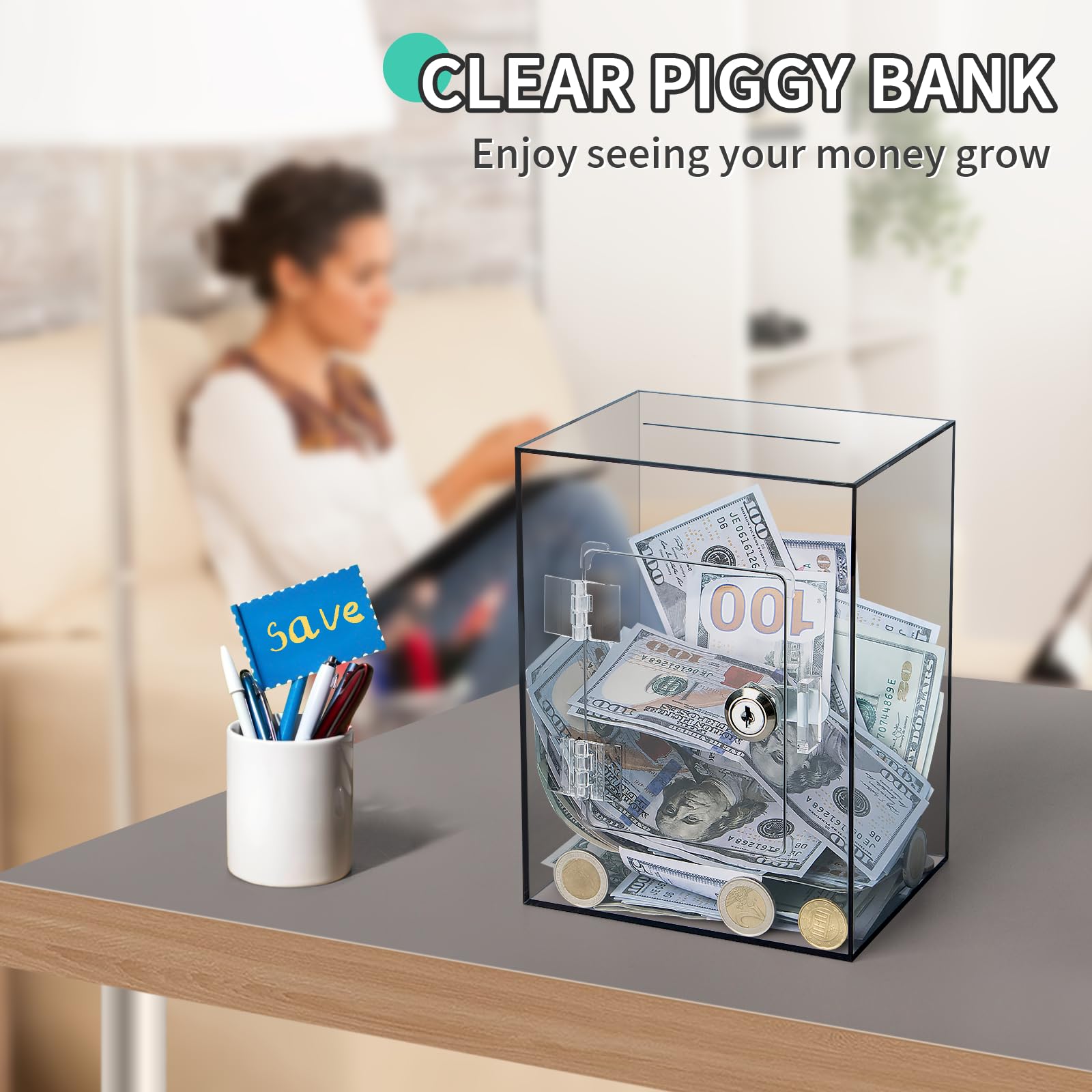 Kozsort brown clear piggy bank durable acrylic construction offers safe long term use