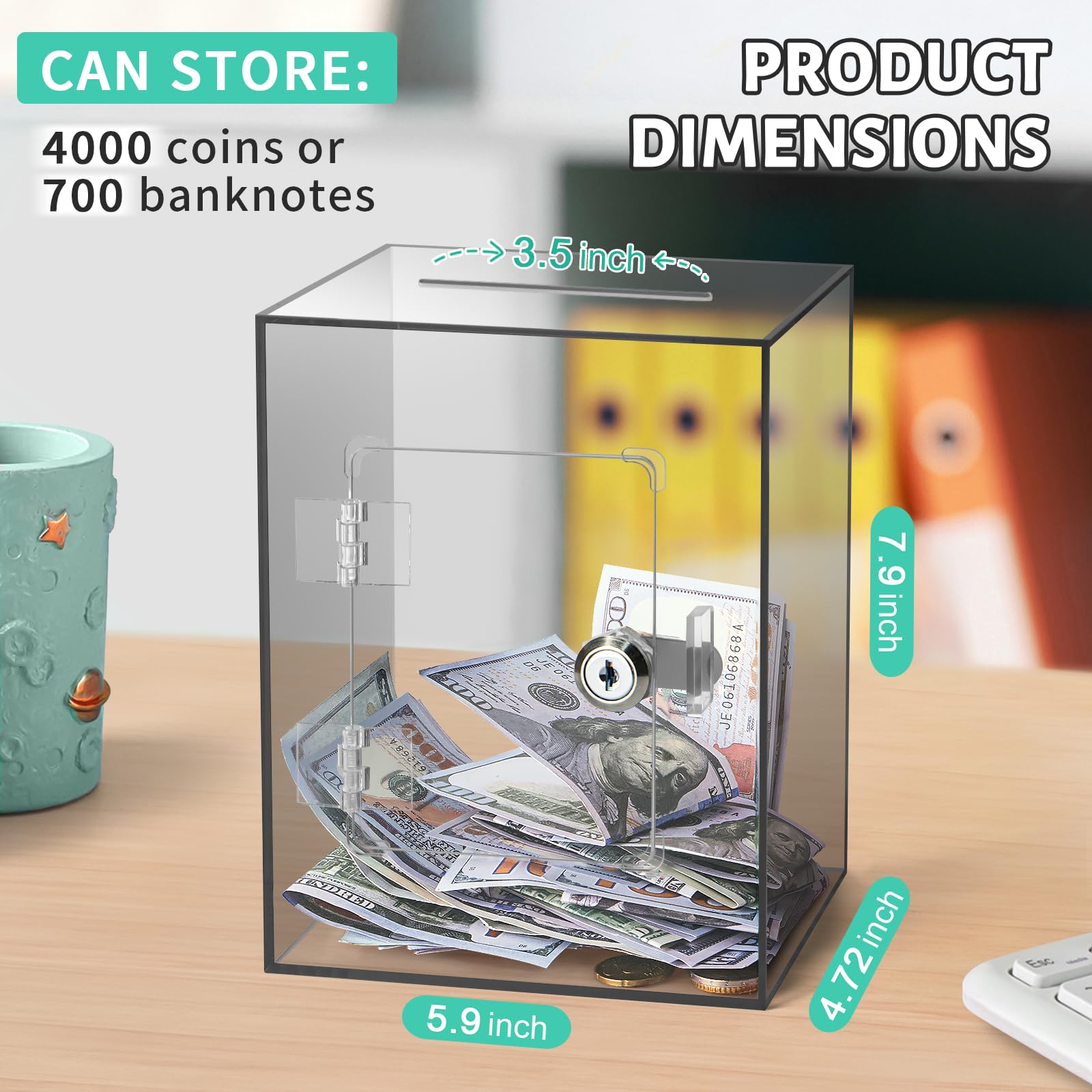 Kozsort brown clear piggy bank side view emphasizes the cubic acrylic design