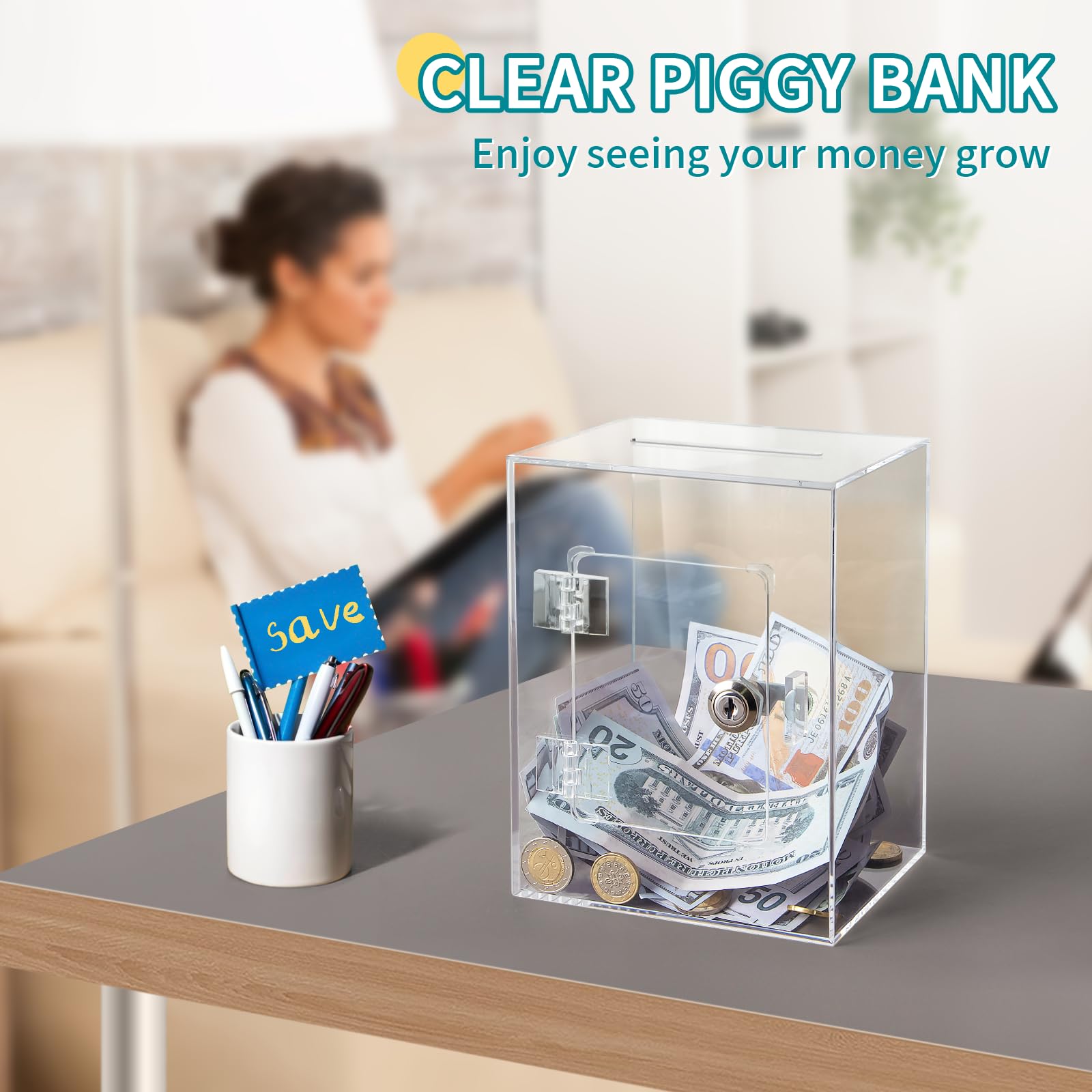Kozsort openable savings jar includes a key for easy access.