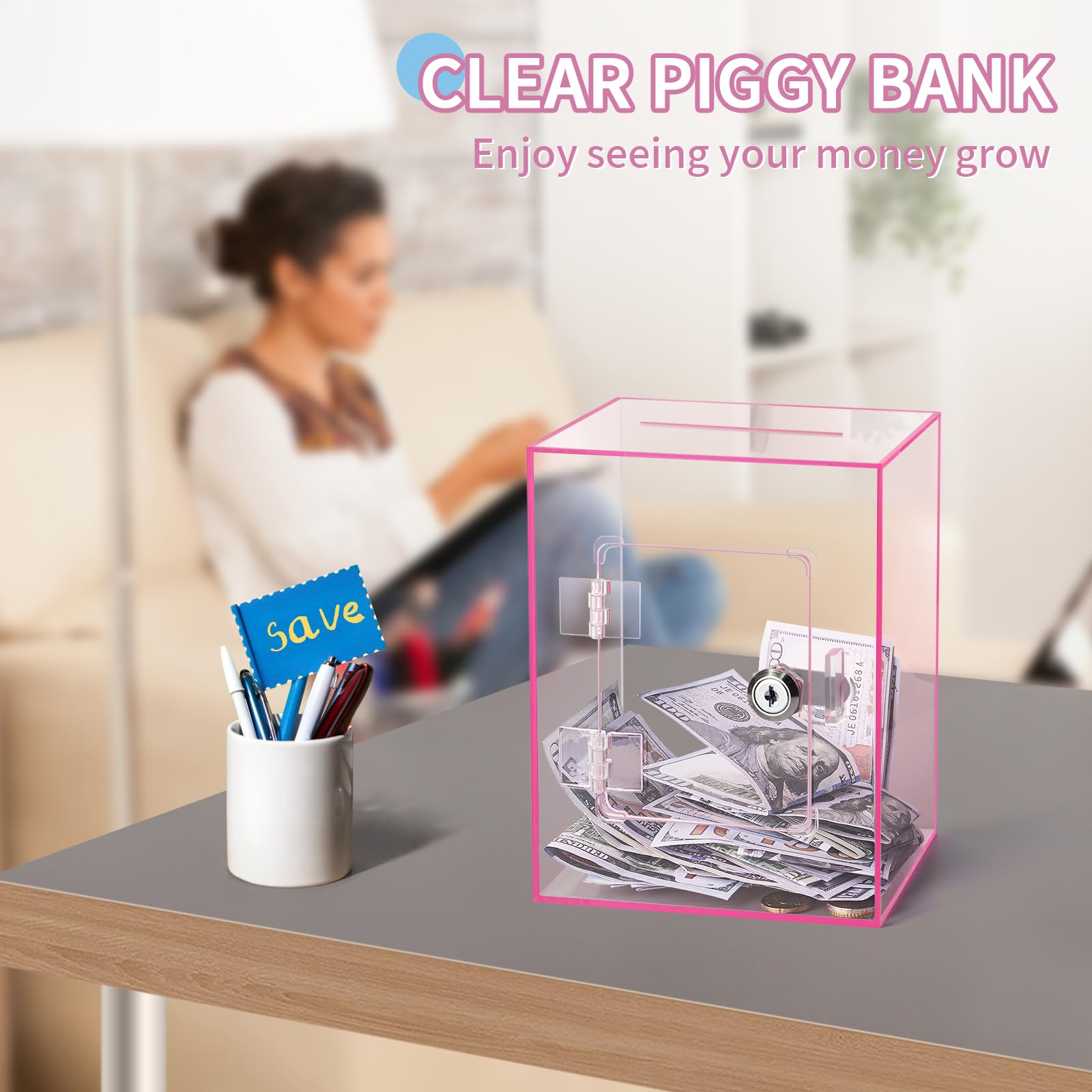 Kozsort pink clear piggy bank interior filled with coins and cash
