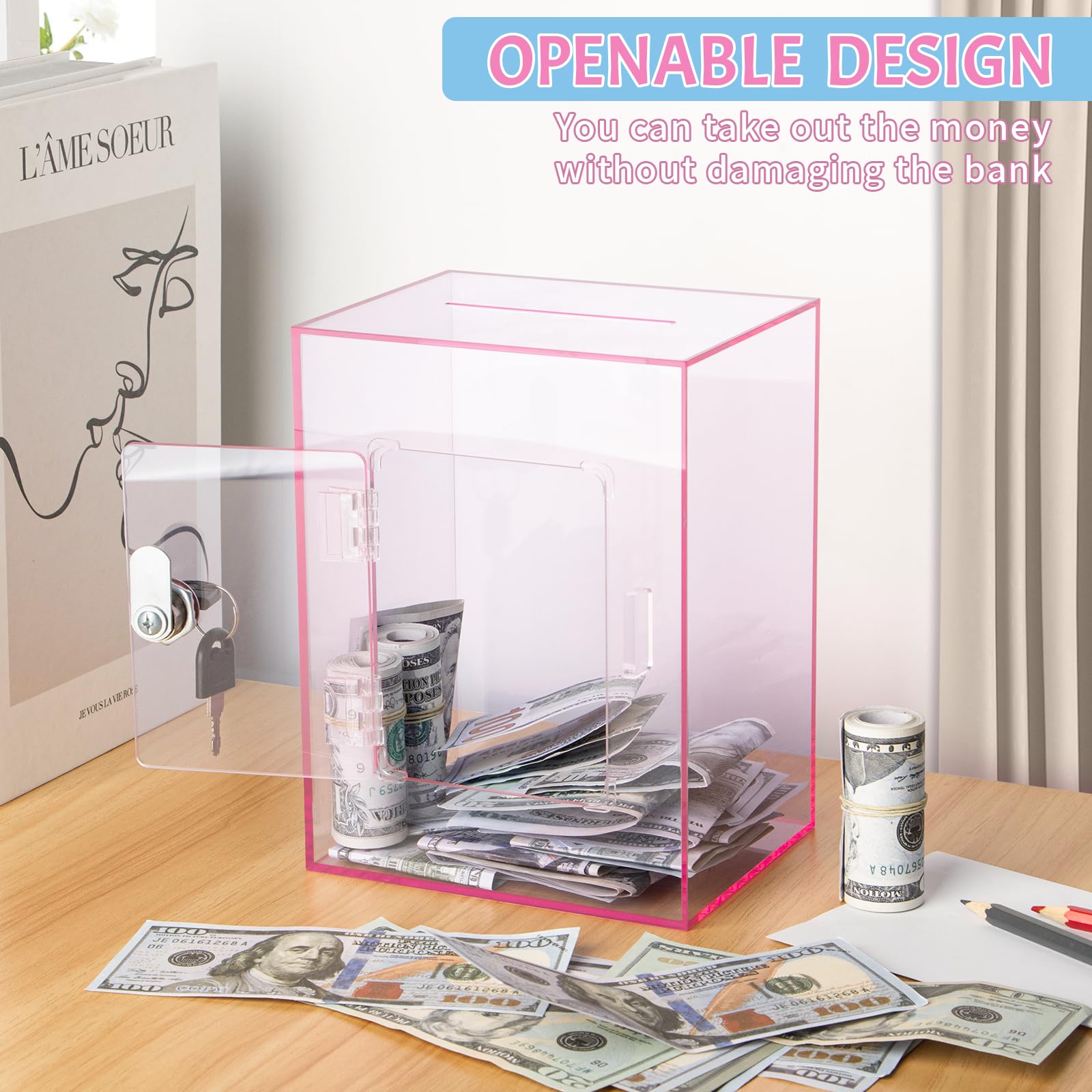 Kozsort pink clear piggy bank durable acrylic construction protects savings