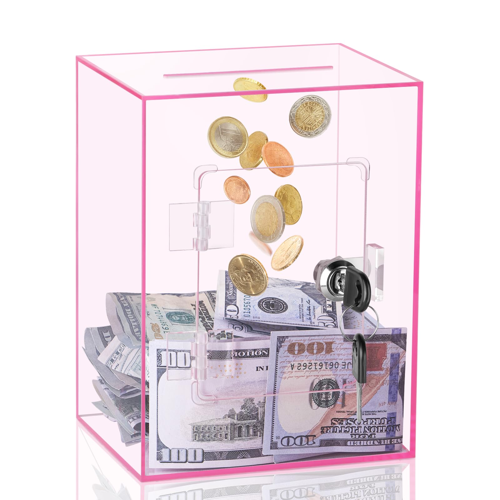 Kozsort pink clear piggy bank front view shows generous coin and bill storage