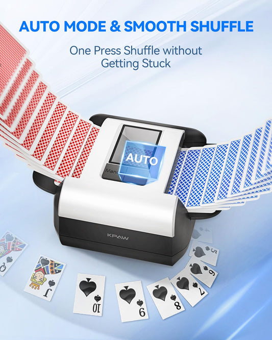 KPAW shuffler with retractable wing fits poker and UNO decks.