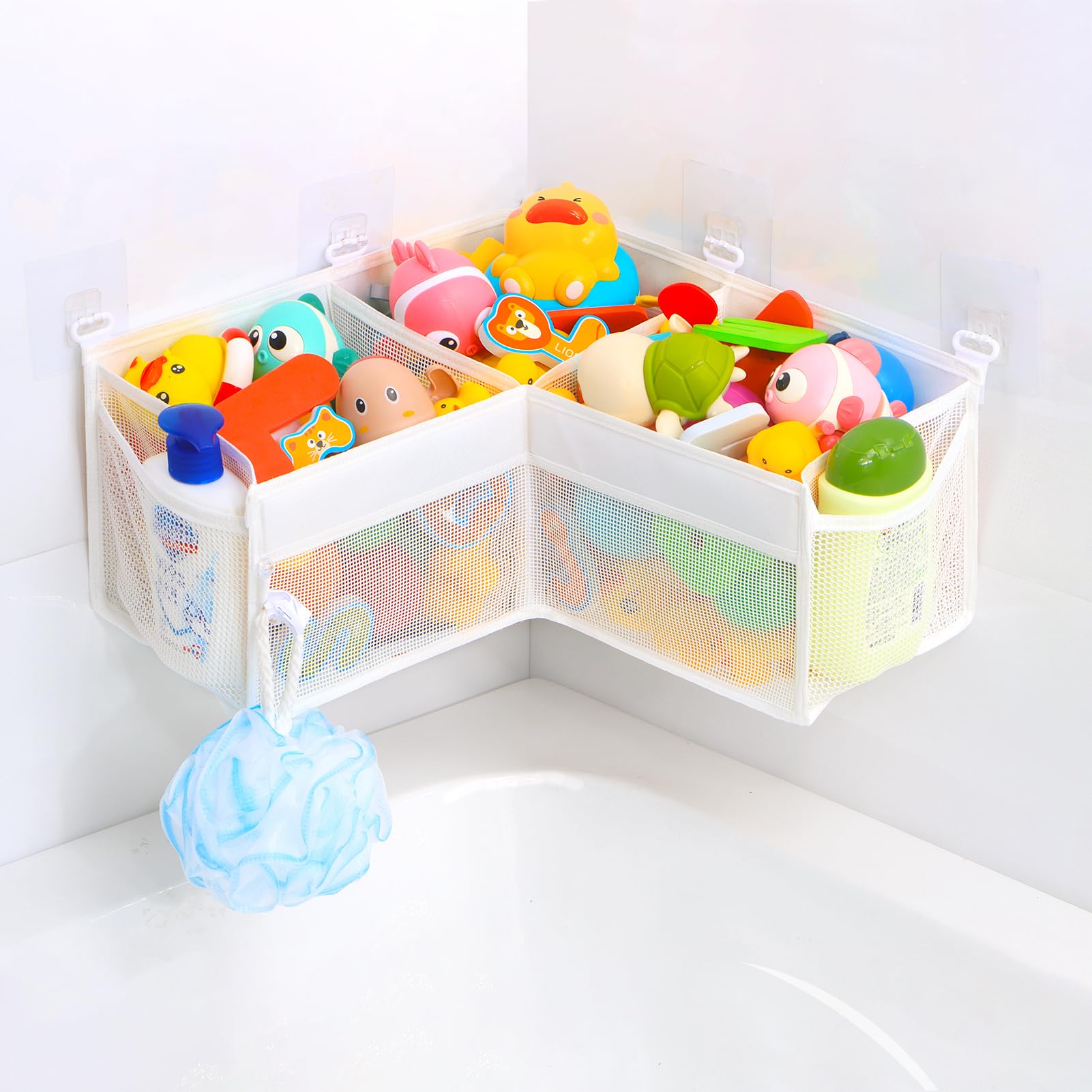 KPH Corner Bath Toy Organizer fits neatly in tub corner for clutter-free storage.