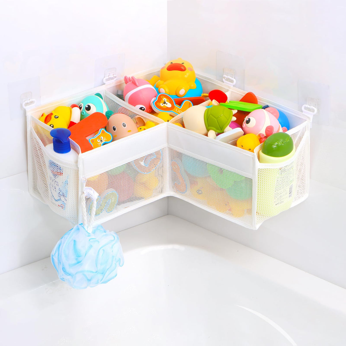 KPH Corner Bath Toy Organizer fits neatly in tub corner for clutter-free storage.