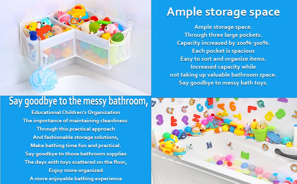 KPH Corner Bath Toy Organizer keeps bathrooms tidy by storing toys off the floor.