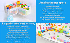 KPH Corner Bath Toy Organizer keeps bathrooms tidy by storing toys off the floor.