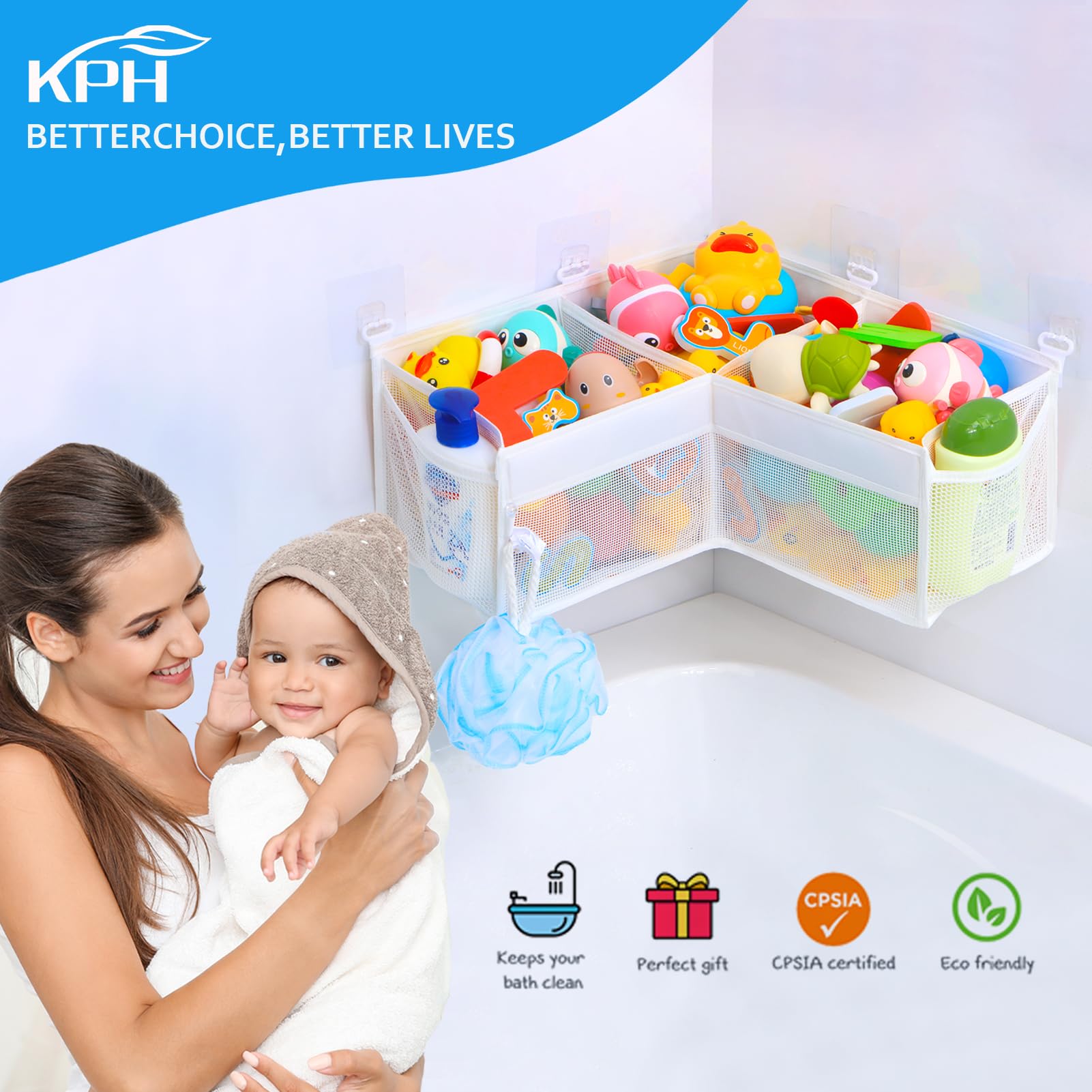 KPH Corner Bath Toy Organizer features three compartments for easy toy sorting.