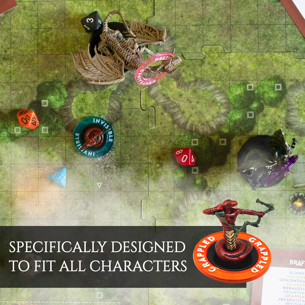 Kraftex DND condition rings beside spell templates enable quick effect tracking.
