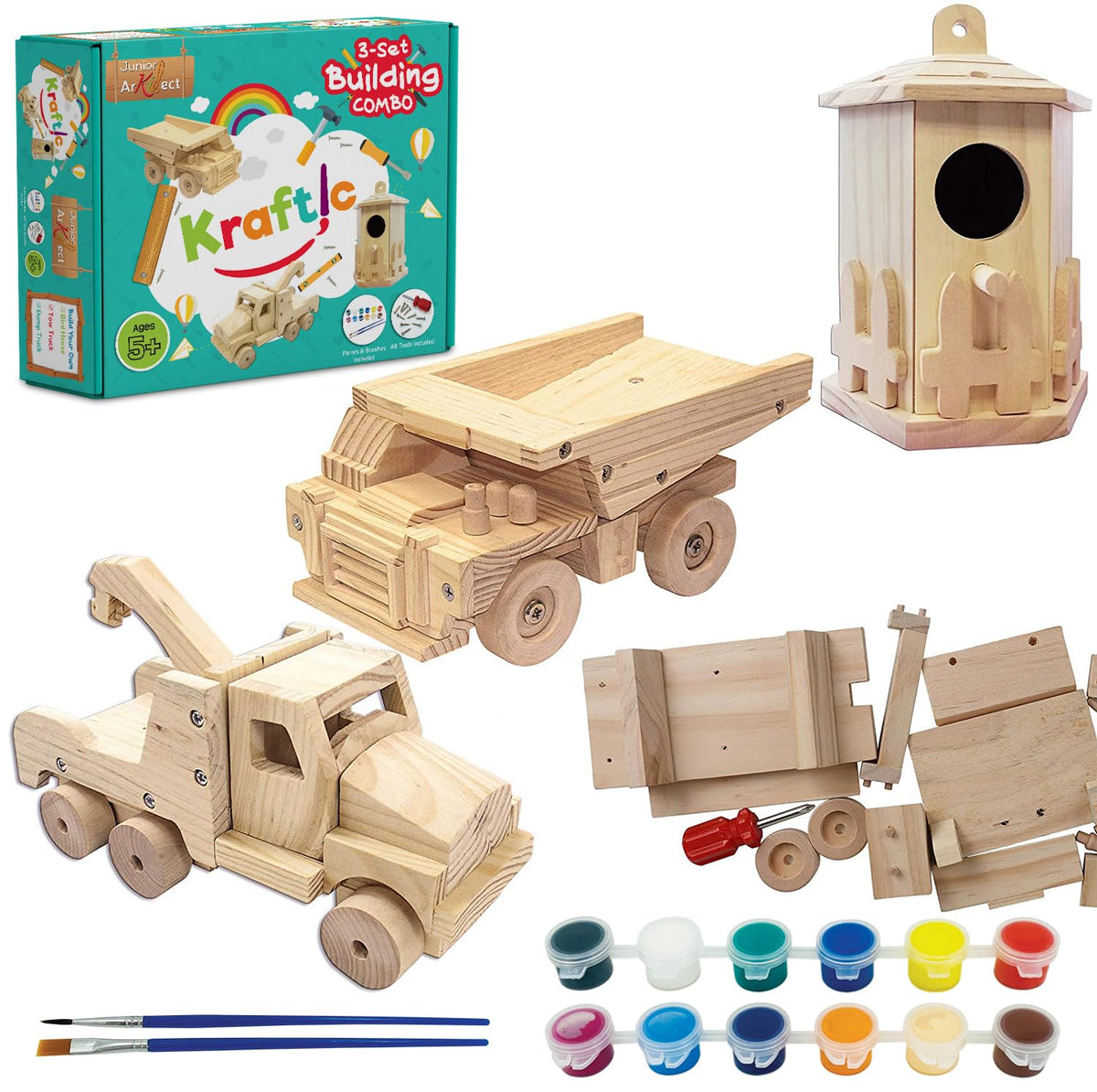 Kraftic tow truck wood model kit in progress using real wood pieces