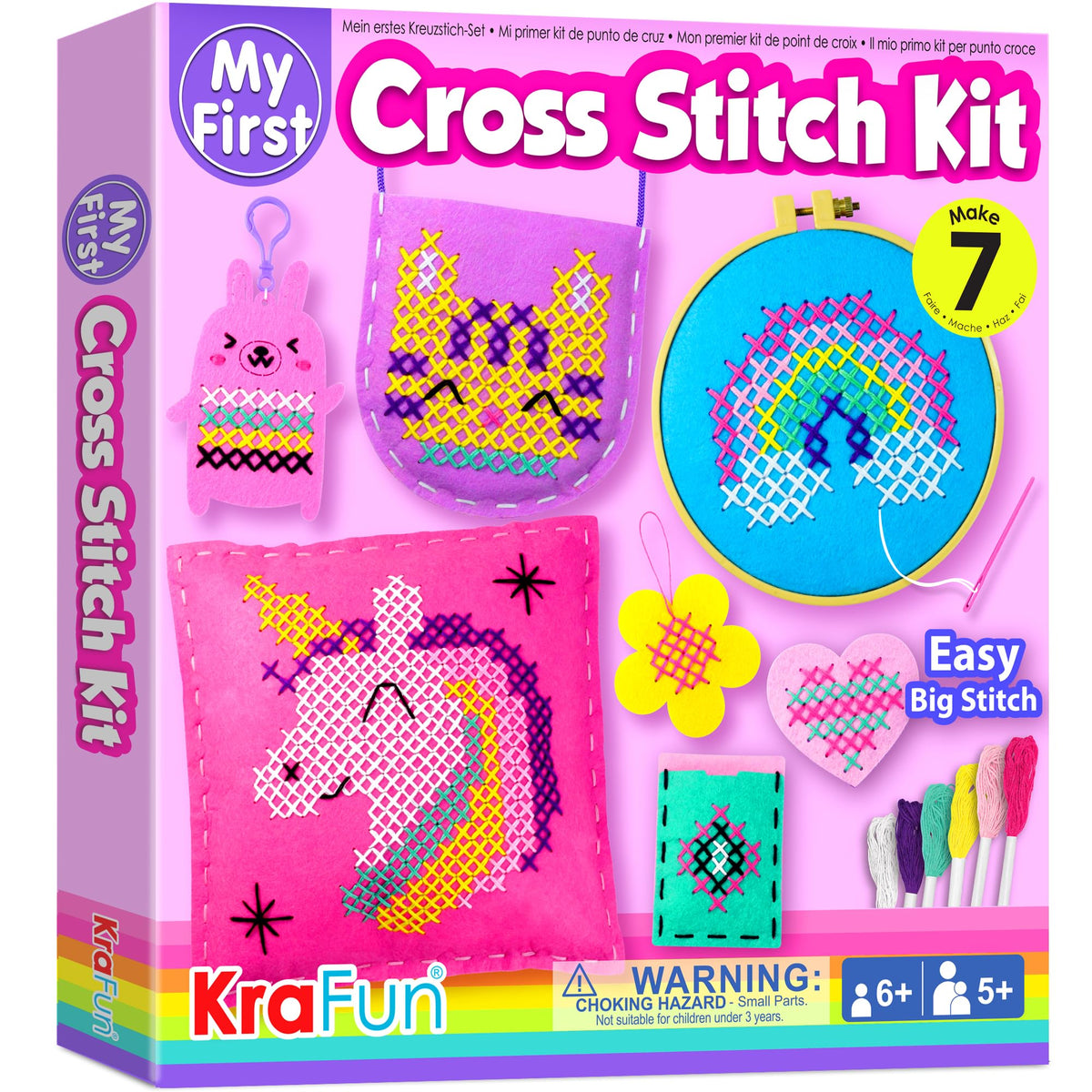 KRAFUN starter cross stitch kit box open with organized materials for easy crafting