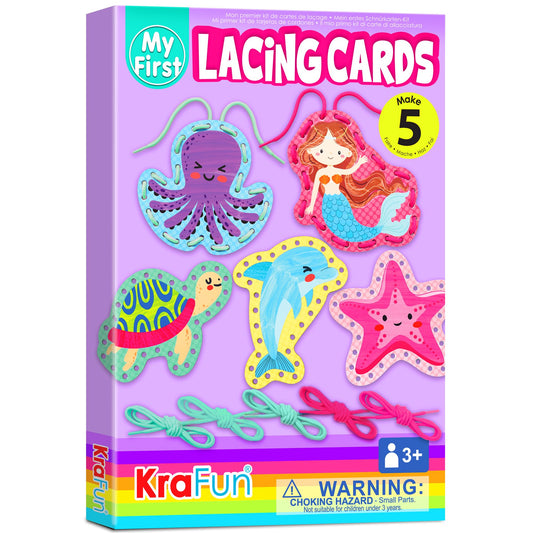 KRAFUN Mermaid Lacing Cards kit box shown, ideal for beginner crafts and fine motor practice.