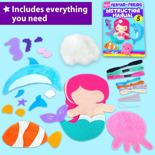 KRAFUN Dolphin doll sewing kit showcases bright plush craft for kids.